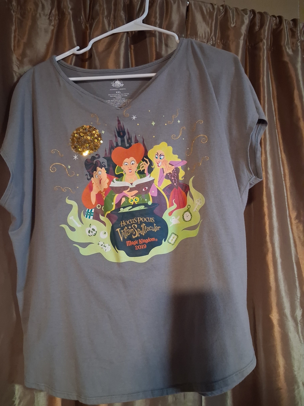 Disney Gray Hocus Pocus Sanderson Sisters Graphic Tee with Gold Sequin
